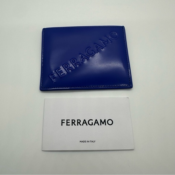 NWT Salvatore Ferragamo | Blue Lapis Embossed Patent Calf Leather Card Case $380 - Picture 1 of 4